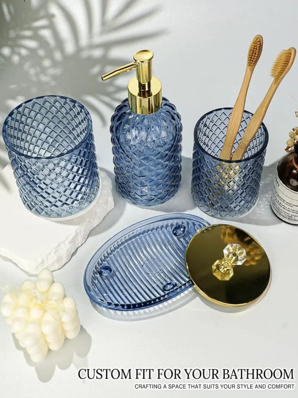 Navy Blue Glass Bathroom Accessories Set - 4 Piece Stylish Decor for Home